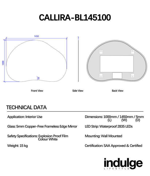 Callira 1450 x 1000 Touchless LED Mirror - Three Light Temperatures
