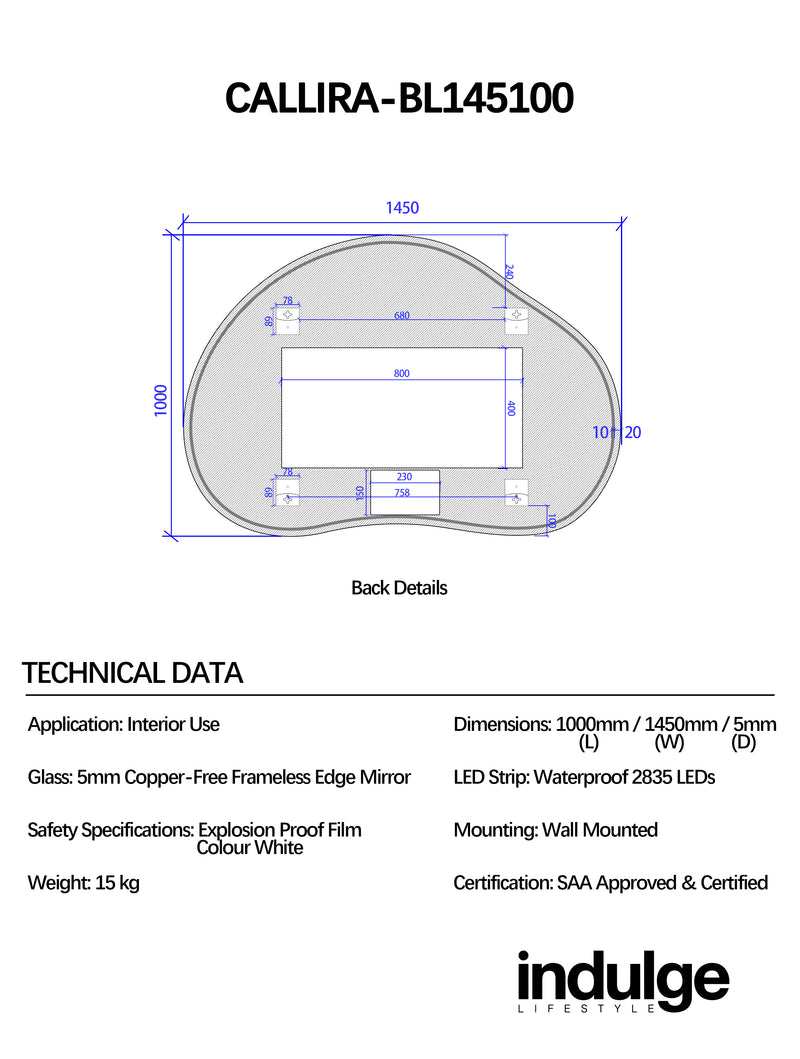 Callira 1450 x 1000 Touchless LED Mirror - Three Light Temperatures
