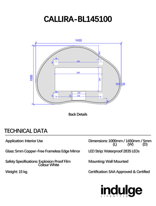 Callira 1450 x 1000 Touchless LED Mirror - Three Light Temperatures