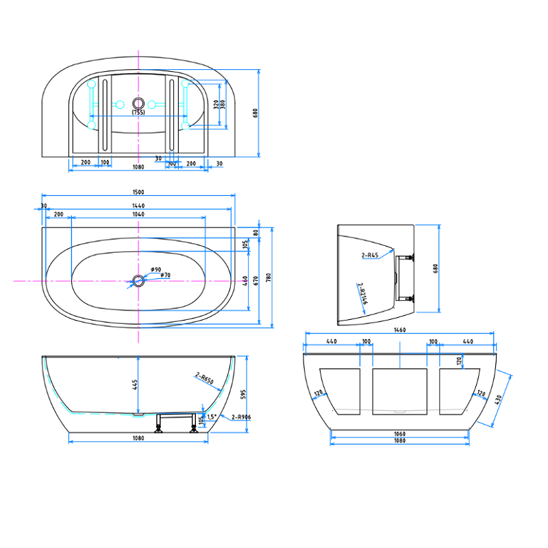 Delta 1500mm Matte White Back to Wall Oval Freestanding Bath Tub - Acqua Bathrooms