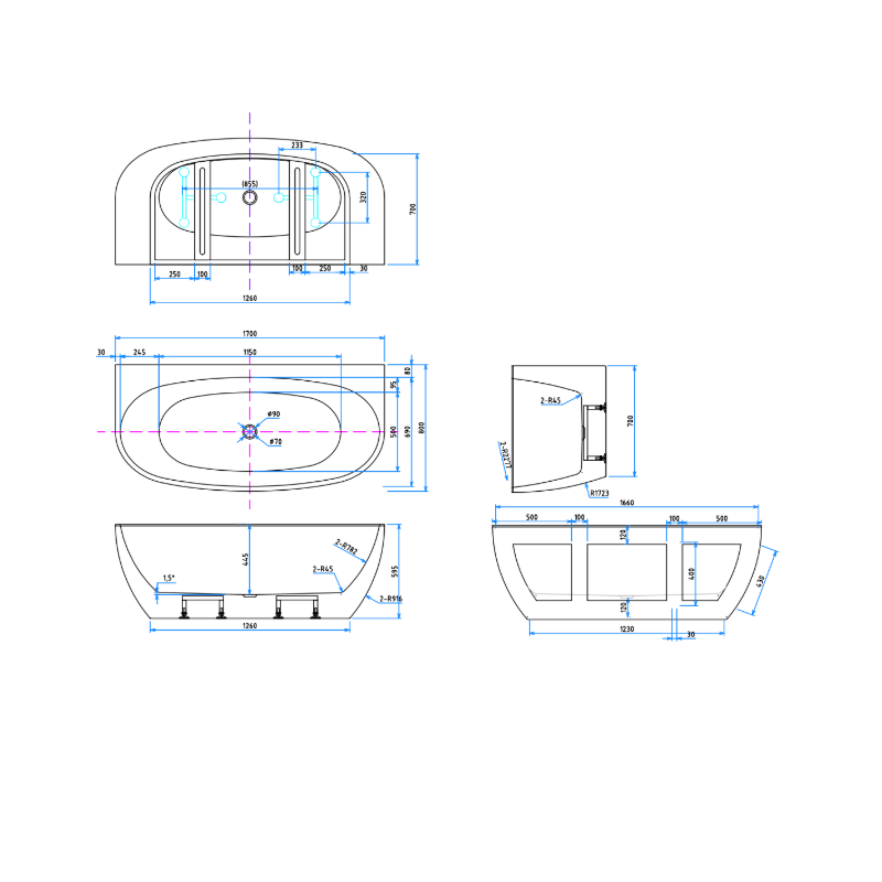 Delta 1700mm Matte White Back to Wall Oval Freestanding Bath Tub - Acqua Bathrooms