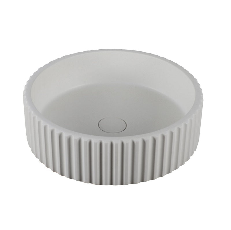 Concrete 400mm Matte White Round Fluted Above Counter Basin - Acqua Bathrooms