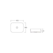 Cera 450 Matte White Rectangle Above Counter Basin dimensions