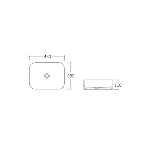 Cera 450 Matte White Rectangle Above Counter Basin dimensions