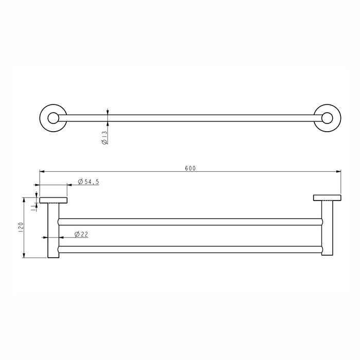 Classic Gun Metal 600mm Double Towel Rail technical drawing