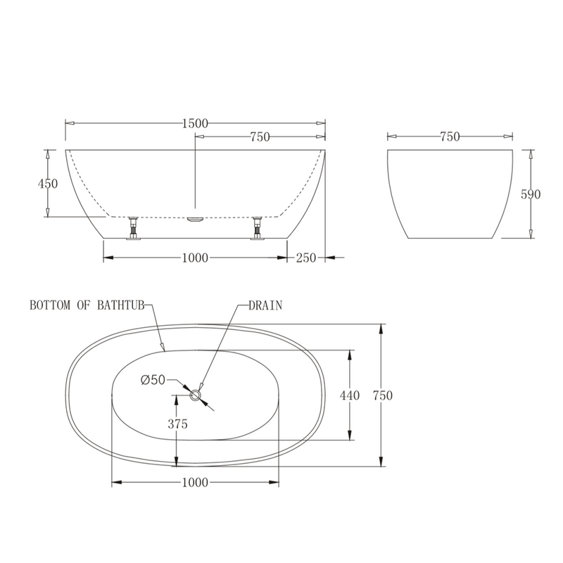 Oval Egg Shape 1500mm Gloss White Freestanding Bath - Acqua Bathrooms