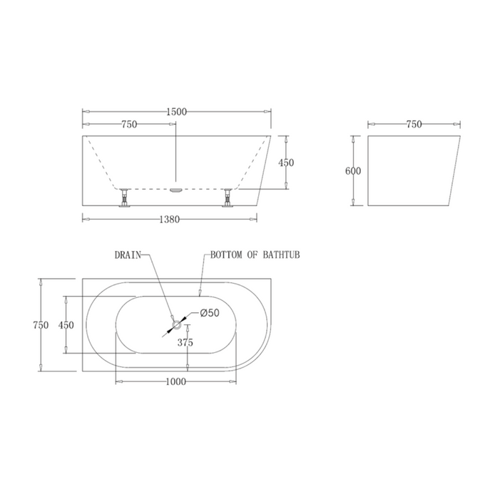 Luna 1500mm Left Corner Gloss White Freestanding Bath
