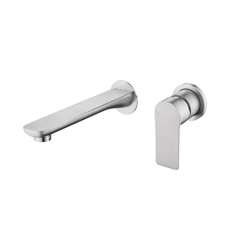 Glamour Brushed Nickel Wall Basin Mixer & Bath Spout - Round Back Plates