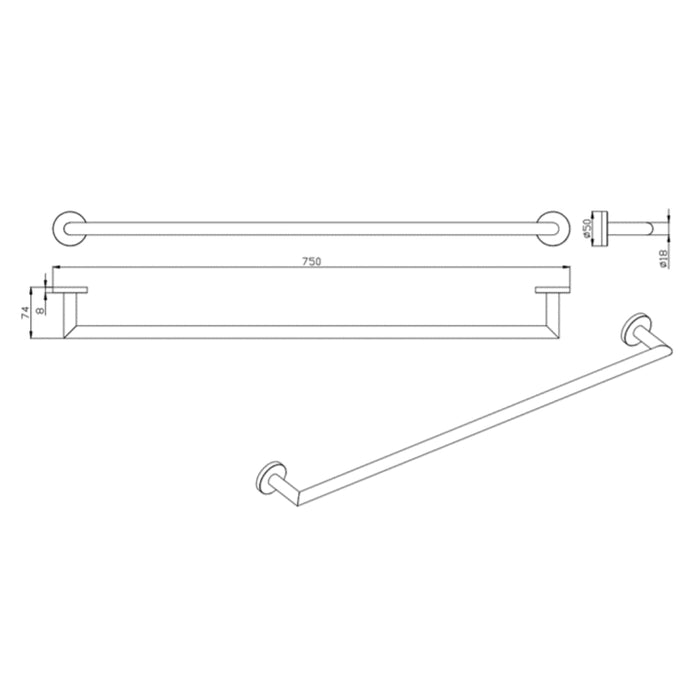 Parker Matte Black 750mm Single Towel Holder - Acqua Bathrooms