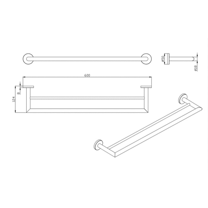 Parker Matte Black 600mm Double Towel Holder - Acqua Bathrooms