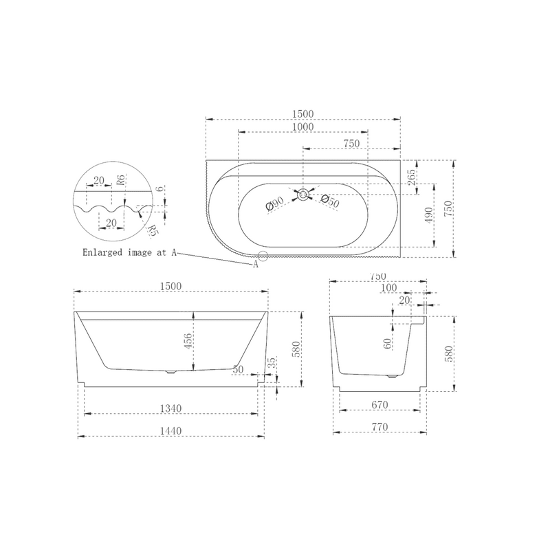Pavilion Ribbed 1500mm Gloss White Right Corner Fit Freestanding Bath - Acqua Bathrooms