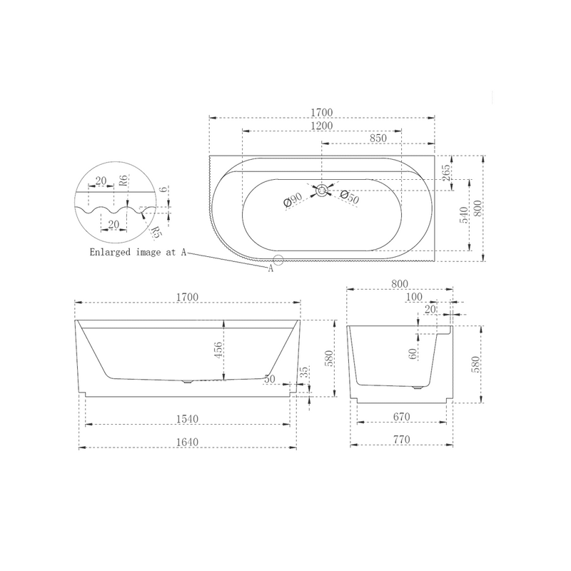 Pavilion Ribbed 1700mm Gloss White Right Corner Fit Freestanding Bath - Acqua Bathrooms