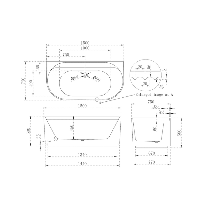 Waverly Ribbed 1500mm Gloss White Back to Wall Freestanding Bath - Acqua Bathrooms