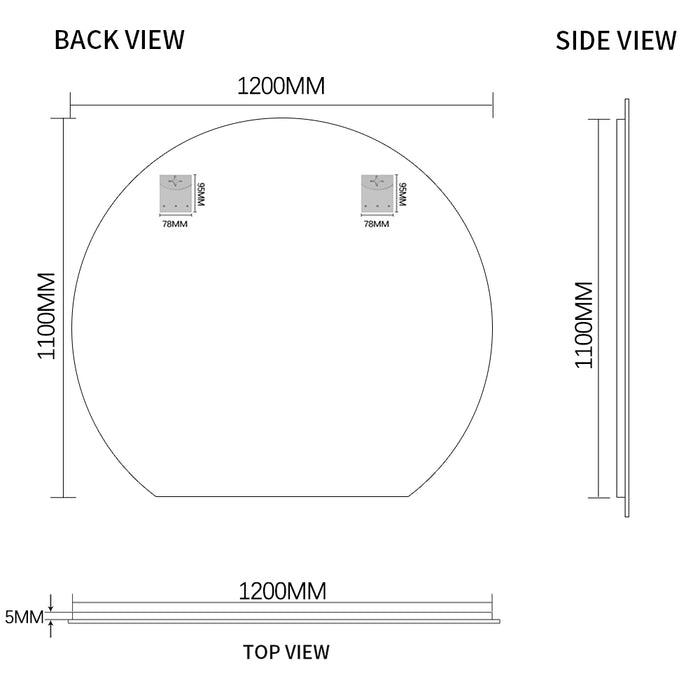 Cove 1200 x 1100 D Shape Polished Edge Mirror