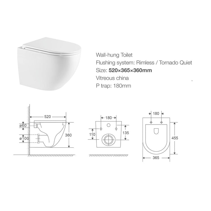 Cremona Rimless Tornado Vortex Wall Hung Toilet Suite Pan