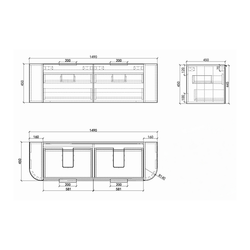 Ronda 1500 Curved Double Matte White Fluted Wall Hung Vanity - Acqua Bathrooms