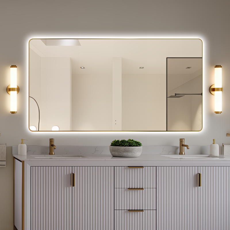 Curva Rectangle 1500 x 800 Brushed Gold Touchless LED Mirror  - Three Light Temperatures - Acqua Bathrooms