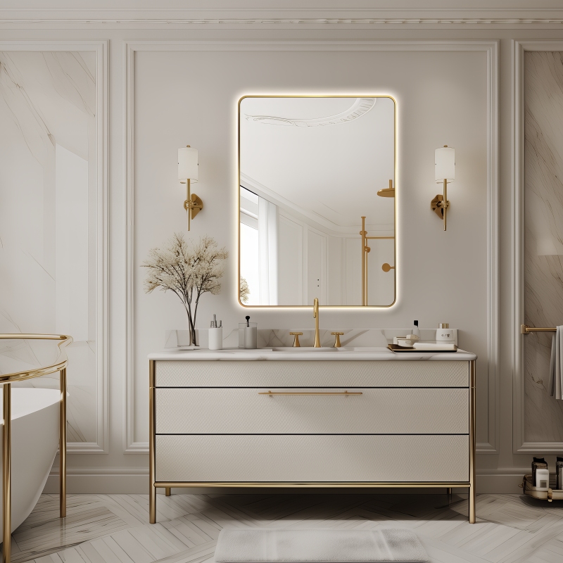 Curva Rectangle Brushed Gold 600 x 800 Touchless LED Mirror  - Three Light Temperatures - Acqua Bathrooms