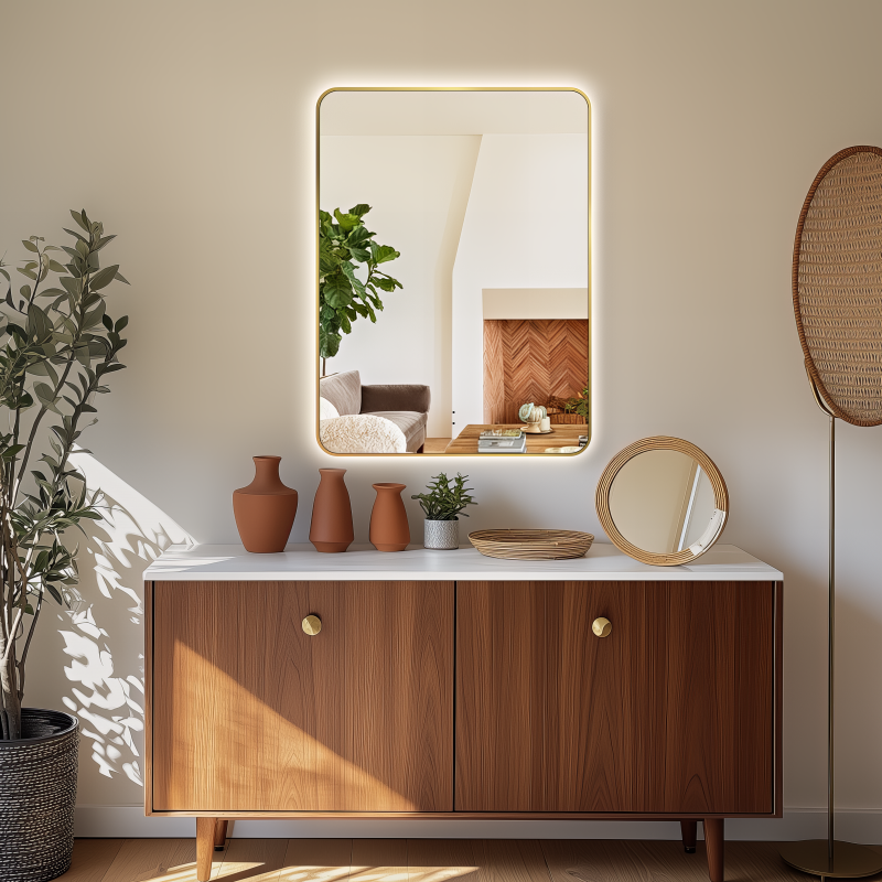 Curva Rectangle Brushed Gold 700 x 900 Touchless LED Mirror  - Three Light Temperatures - Acqua Bathrooms