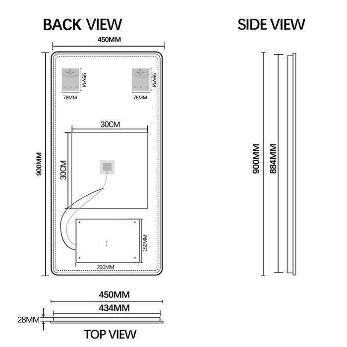 Curva Rectangle Matte Black 450 x 900 Touchless LED Mirror  - Three Light Temperatures