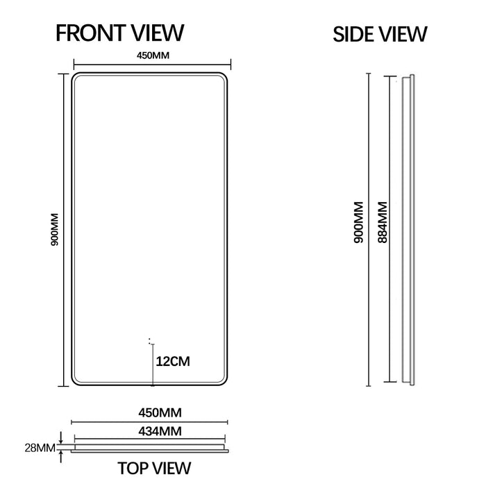 Curva Rectangle Matte Black 450 x 900 Touchless LED Mirror  - Three Light Temperatures