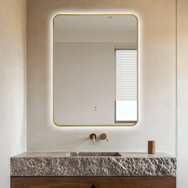 Indulge | Curva Rectangle Brushed Gold 600 x 800 Touchless LED Mirror  - Three Light Temperatures - Acqua Bathrooms