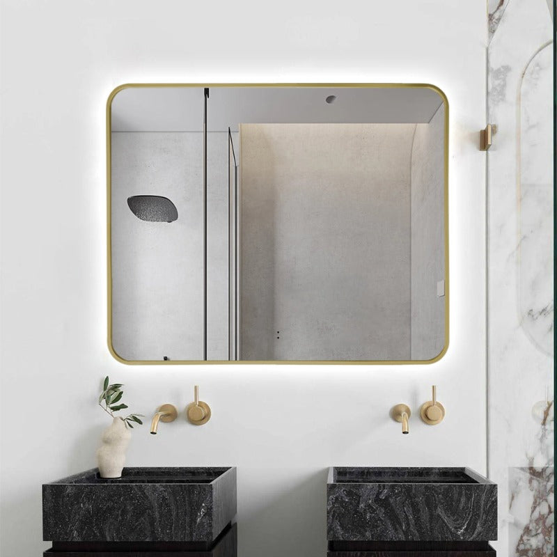 Indulge | Curva Rectangle Brushed Gold 900 x 750 Touchless LED Mirror  - Three Light Temperatures - Acqua Bathrooms