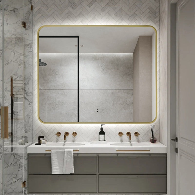 Indulge | Curva Rectangle Brushed Gold 900 x 750 Touchless LED Mirror  - Three Light Temperatures - Acqua Bathrooms