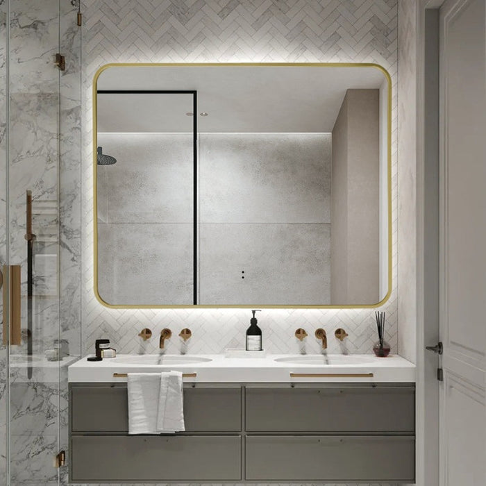 Indulge | Curva Rectangle Brushed Gold 900 x 750 Touchless LED Mirror  - Three Light Temperatures - Acqua Bathrooms
