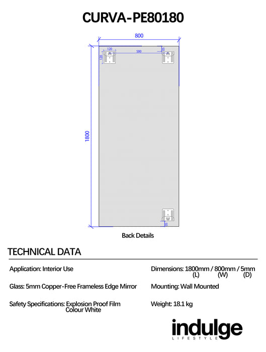 Curva 800 x 1800 Polished Edge Mirror