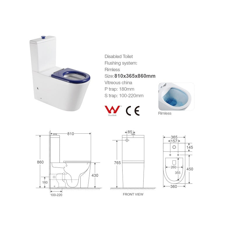 Cesena Care Rimless Care Toilet Suite - Blue Seat & Raised Button - Acqua Bathrooms