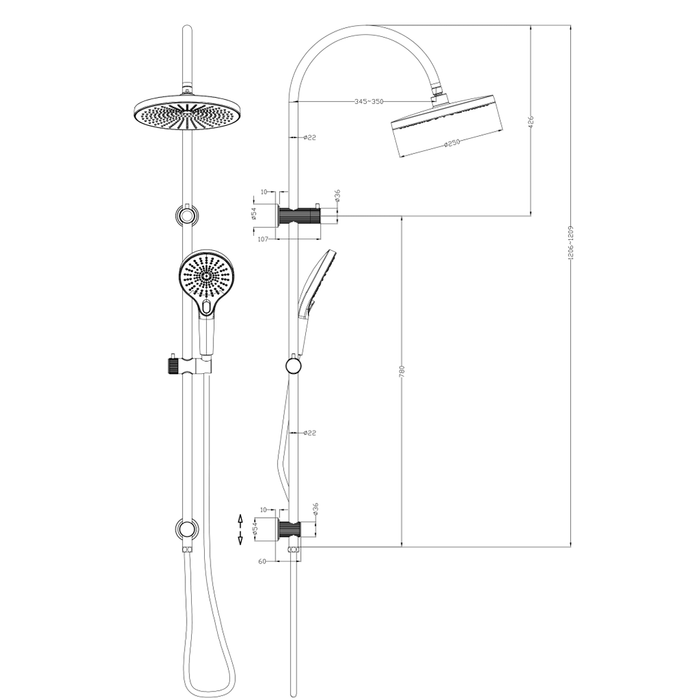 Mica Fluted Gun Metal Gooseneck Dual Shower Rail
