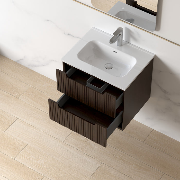 Fiora 600mm Alder Walnut Fluted Wall Hung Vanity