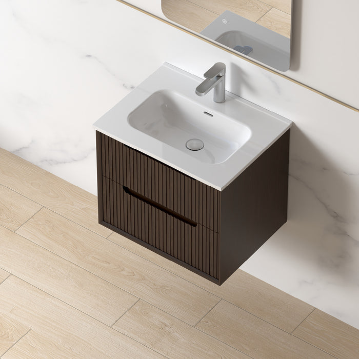 Fiora 600mm Alder Walnut Fluted Wall Hung Vanity