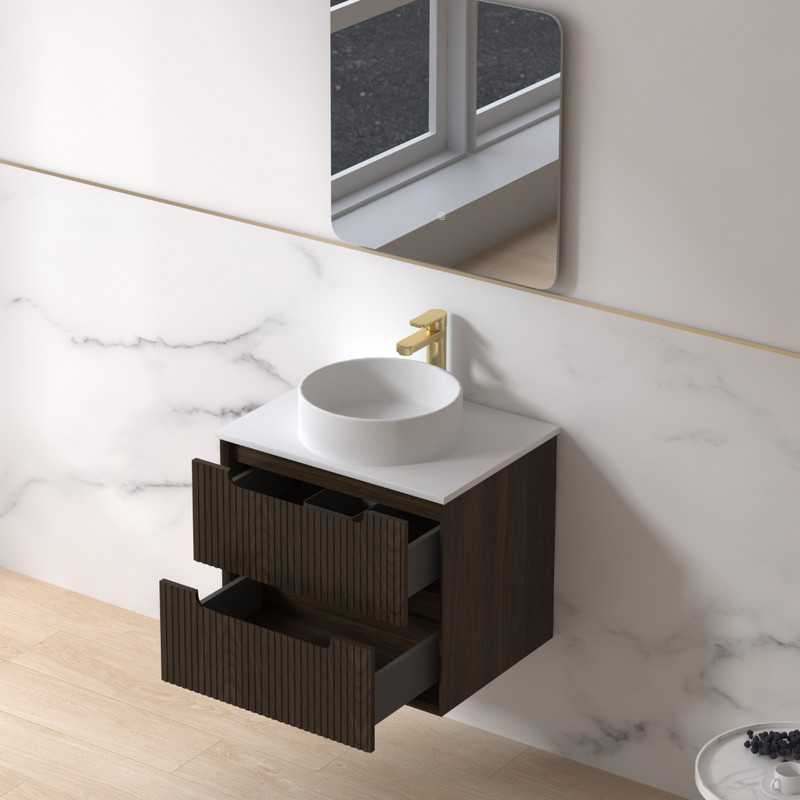 Fiora 600mm Black Walnut Fluted Wall Hung Vanity - Acqua Bathrooms
