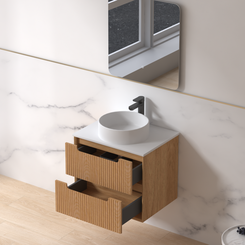 Fiora 600mm Light Walnut Fluted Wall Hung Vanity - Acqua Bathrooms