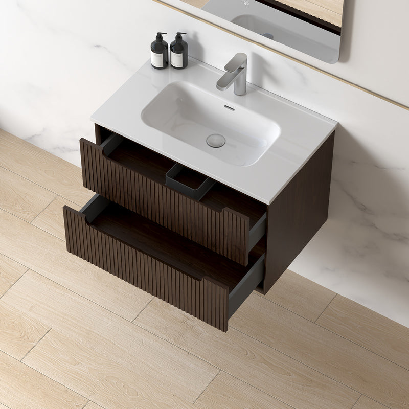 Fiora 750mm Alder Walnut Fluted Wall Hung Vanity