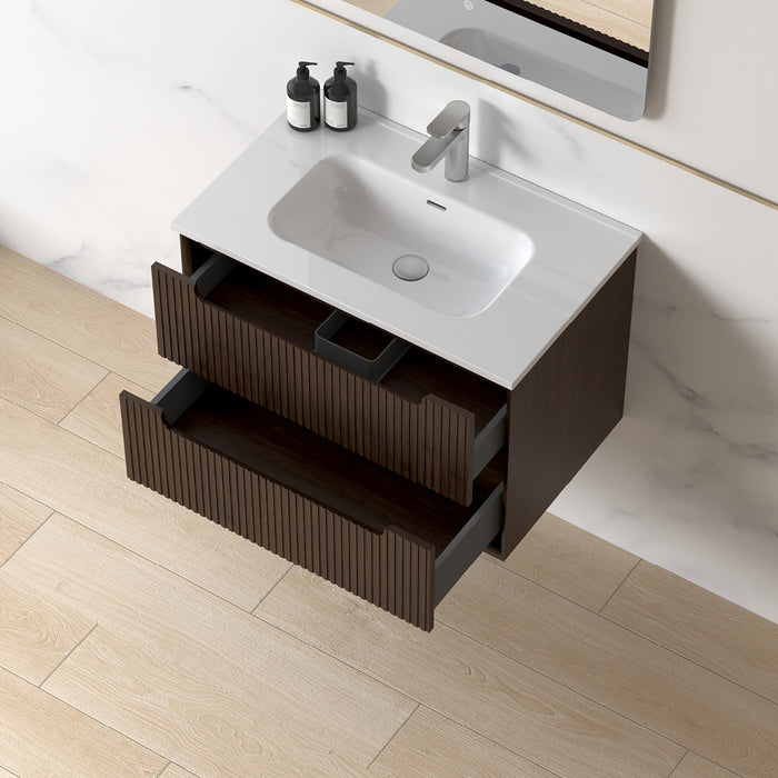 Fiora 750mm Alder Walnut Fluted Wall Hung Vanity