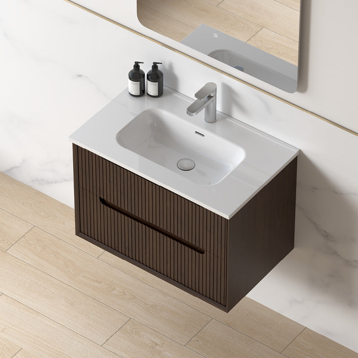 Fiora 750mm Alder Walnut Fluted Wall Hung Vanity