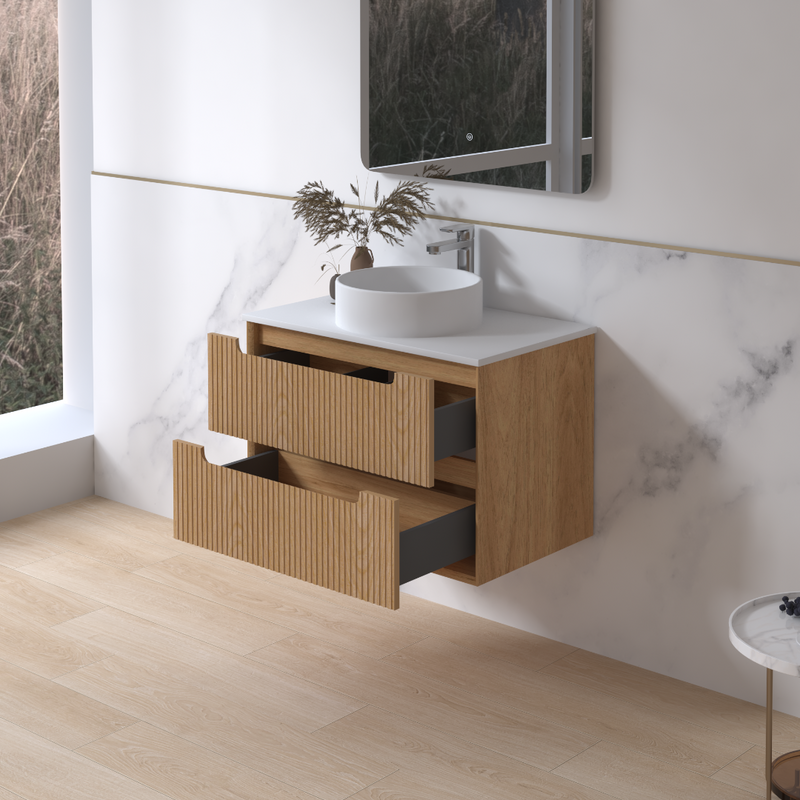 Fiora 750mm Light Walnut Fluted Wall Hung Vanity - Acqua Bathrooms