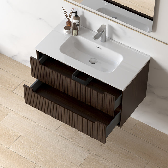 Fiora 900mm Alder Walnut Fluted Wall Hung Vanity
