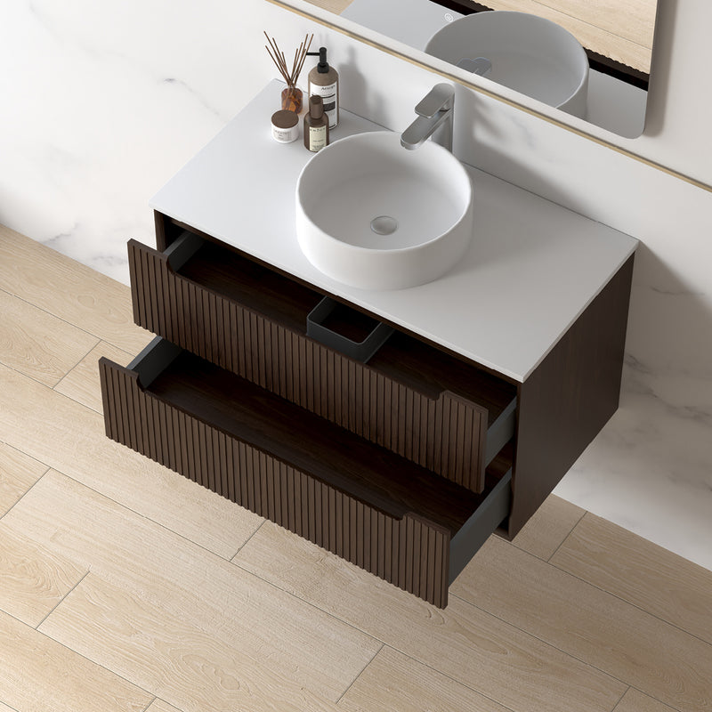 Fiora 900mm Alder Walnut Fluted Wall Hung Vanity