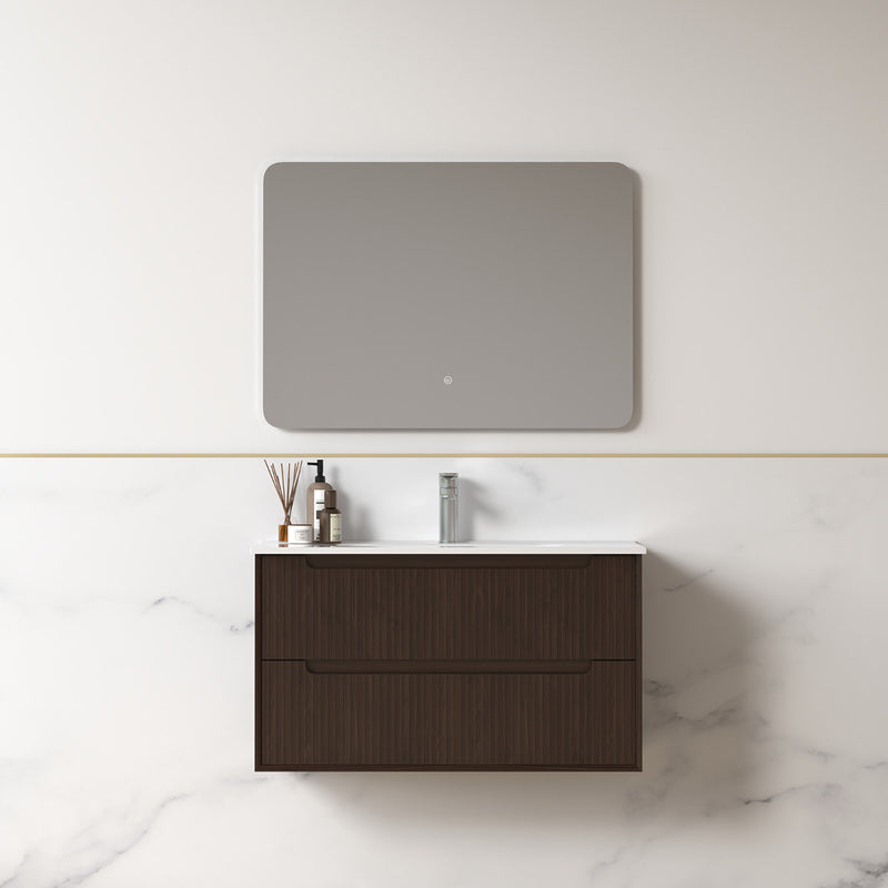 Fiora 900mm Alder Walnut Fluted Wall Hung Vanity
