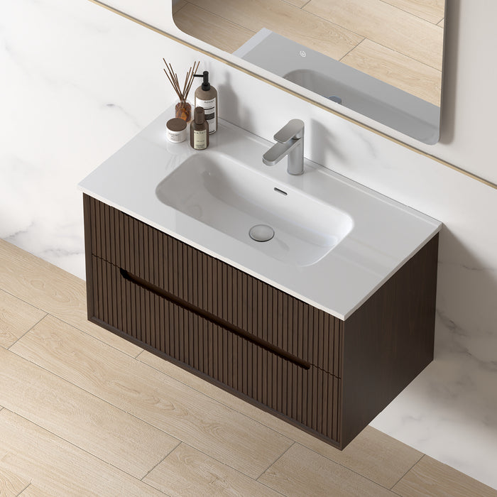 Fiora 900mm Alder Walnut Fluted Wall Hung Vanity