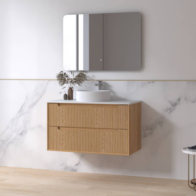 Fiora 900mm Light Walnut Fluted Wall Hung Vanity - Acqua Bathrooms