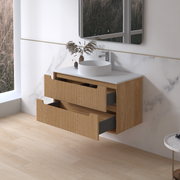 Fiora 900mm Light Walnut Fluted Wall Hung Vanity - Acqua Bathrooms