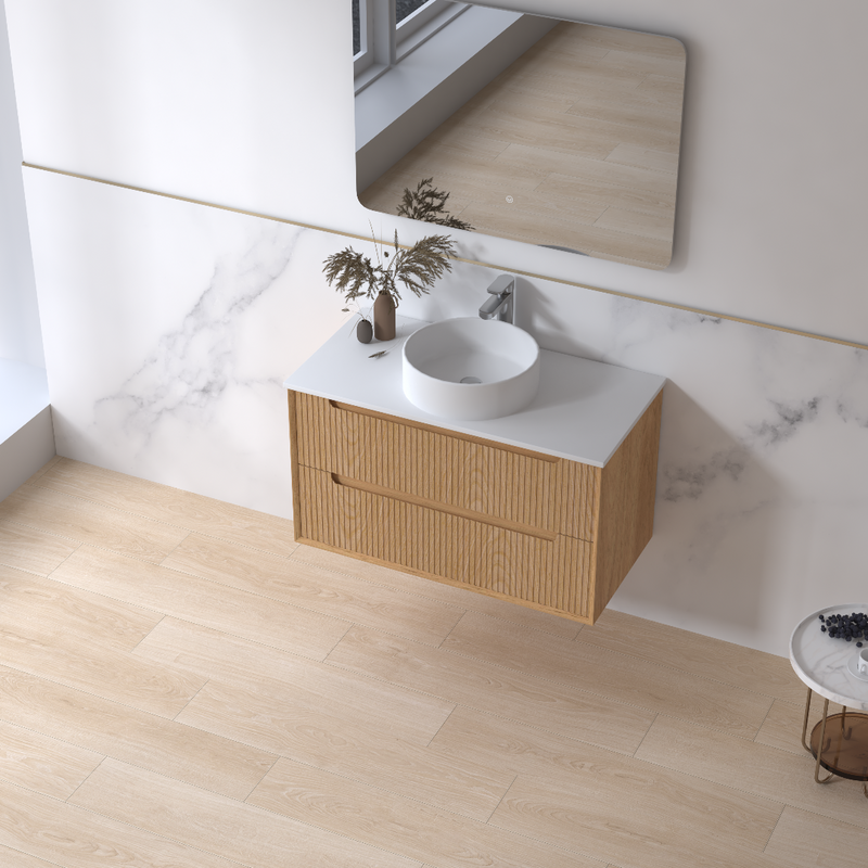 Fiora 900mm Light Walnut Fluted Wall Hung Vanity - Acqua Bathrooms
