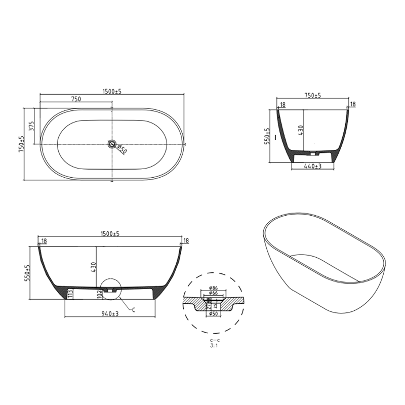 Fiora 1500mm Stone Matte White Freestanding Bath Tub - Acqua Bathrooms