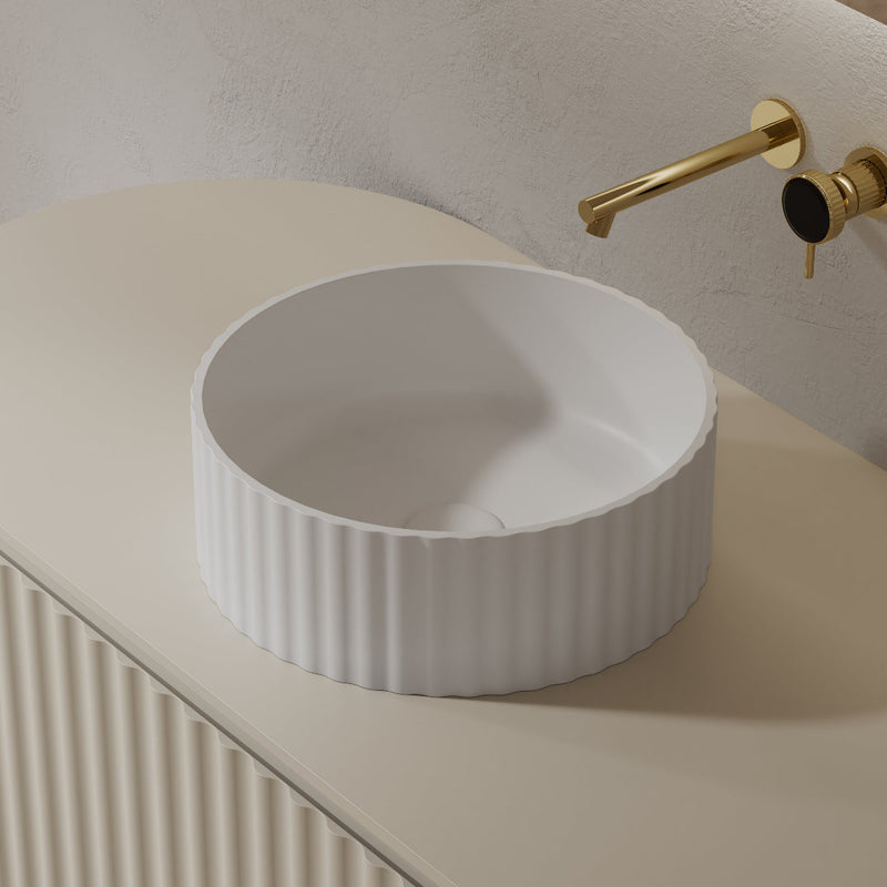 Flora 380mm Fluted Solid Surface Stone Round Above Counter Basin - Acqua Bathrooms
