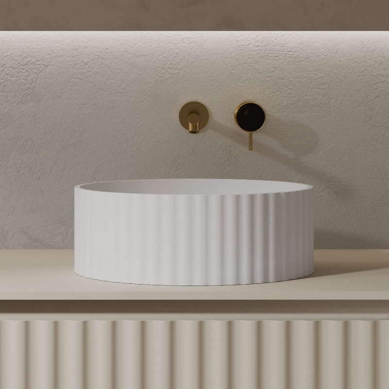 Flora 380mm Fluted Solid Surface Stone Round Above Counter Basin - Acqua Bathrooms